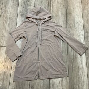 Eileen Fisher Beige Organic Cotton Lycra Full Zip‎ Hooded Long Cardigan Jacket M